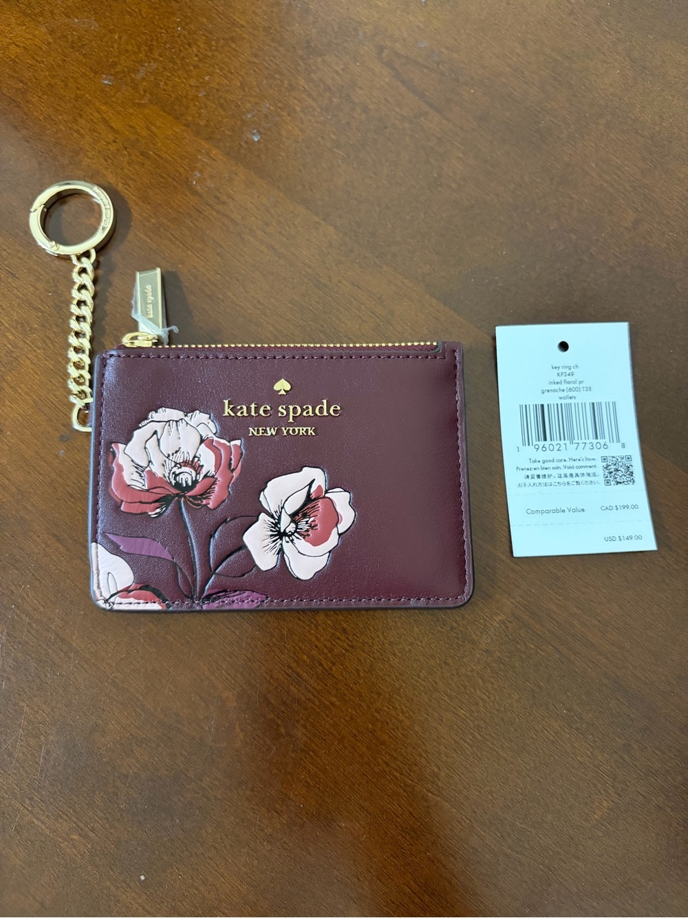kate spade Grenache Leather Floral Key Ring Card Holder MSRP $149